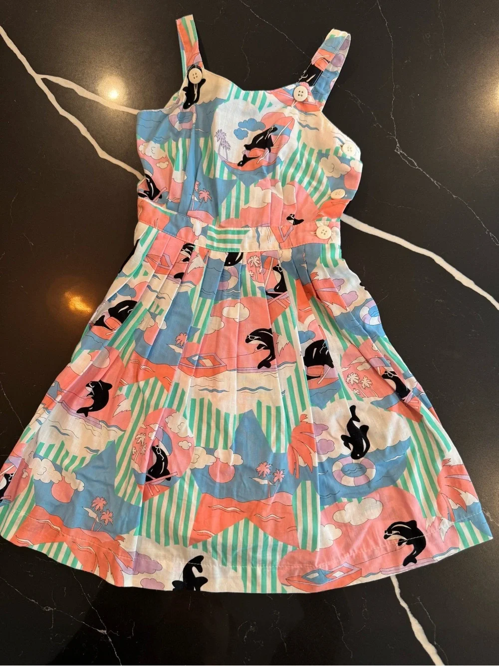 Vintage Made in‎ Italy Girls Coral & Aqua Whale Print Sundress